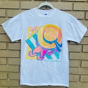 Vintage 1991 St Simons Island Russell Athletic Beach Print T-Shirt Size Small